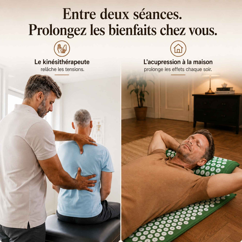 Comparaison entre une séance chez un kinésithérapeute et l'utilisation d'un tapis d’acupression à domicile.