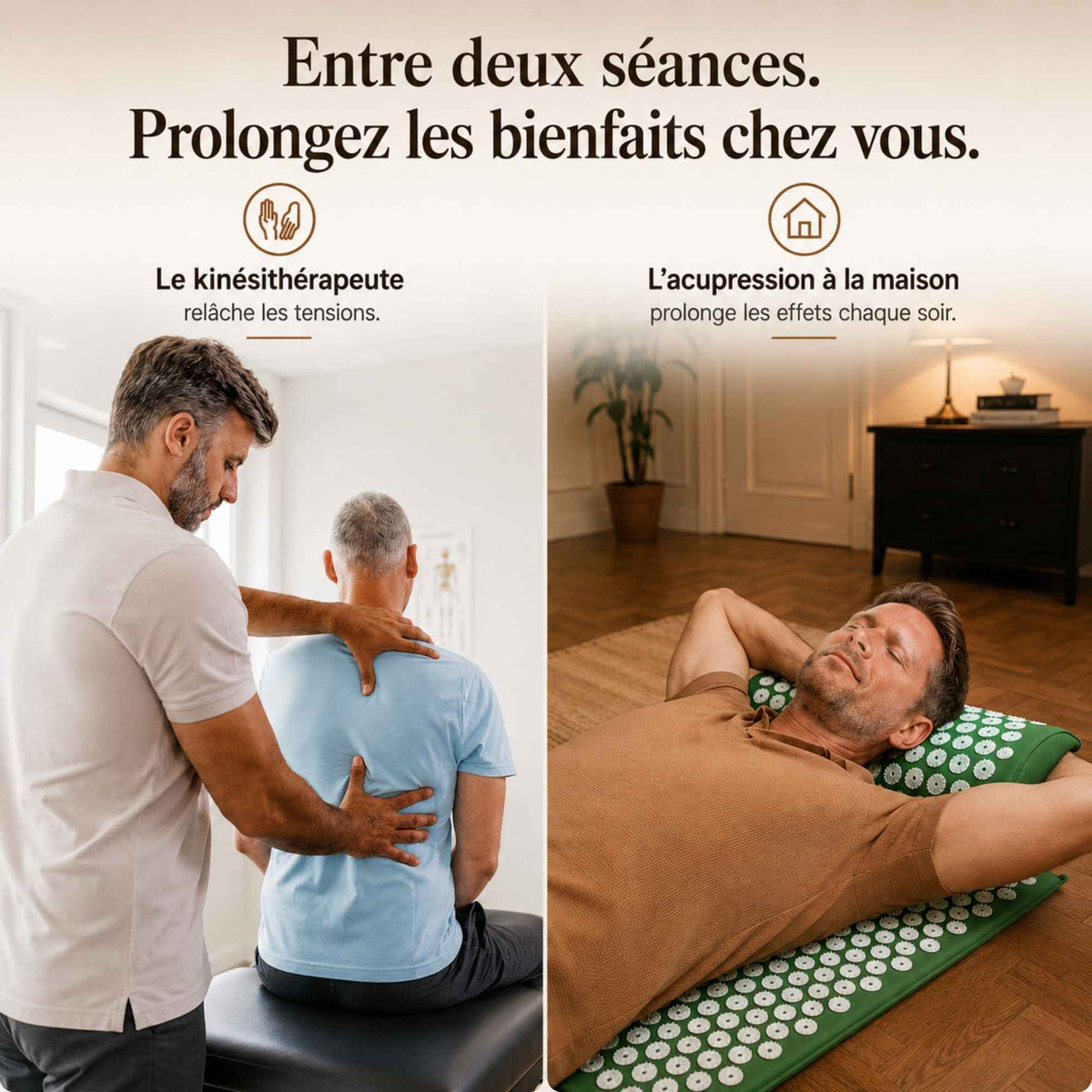 Comparaison entre une séance chez un kinésithérapeute et l'utilisation d'un tapis d’acupression à domicile.