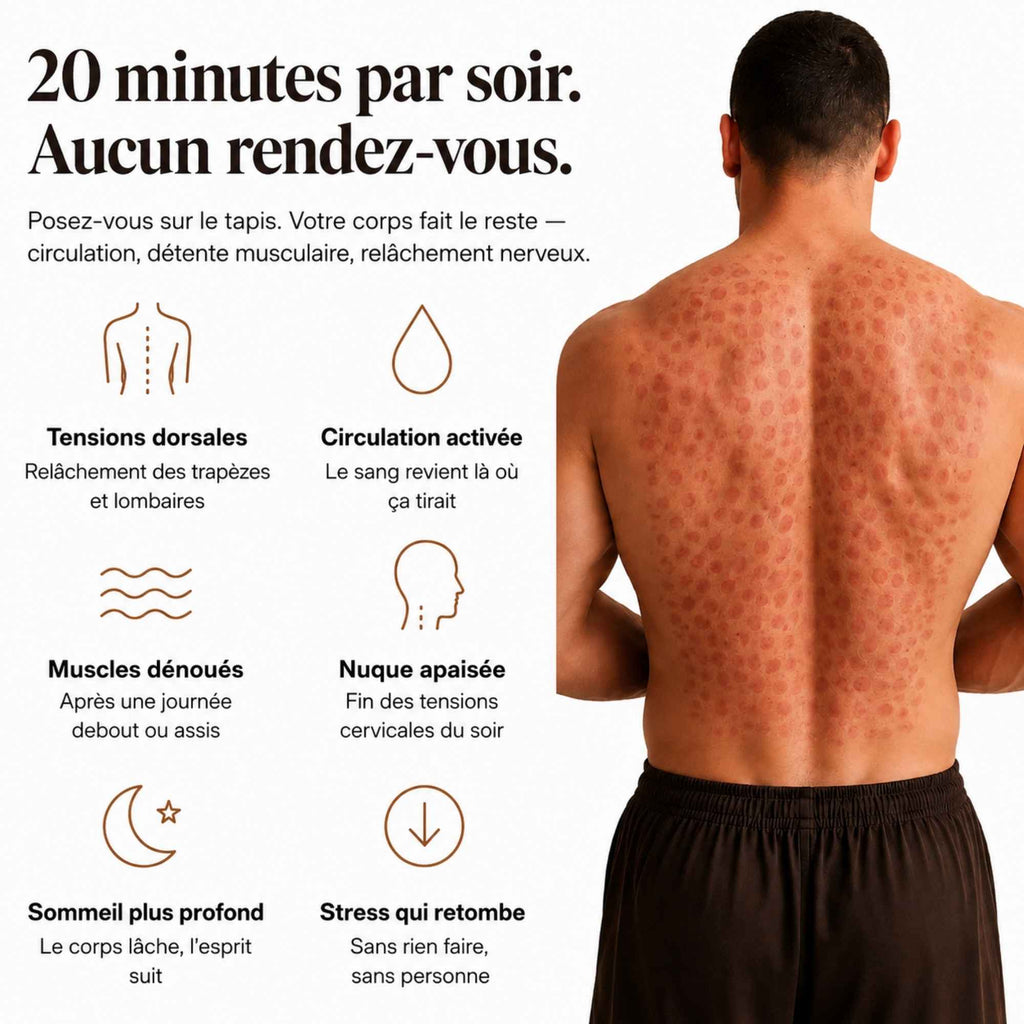 Dos d’une personne présentant les marques temporaires laissées par un tapis d’acupression après utilisation.