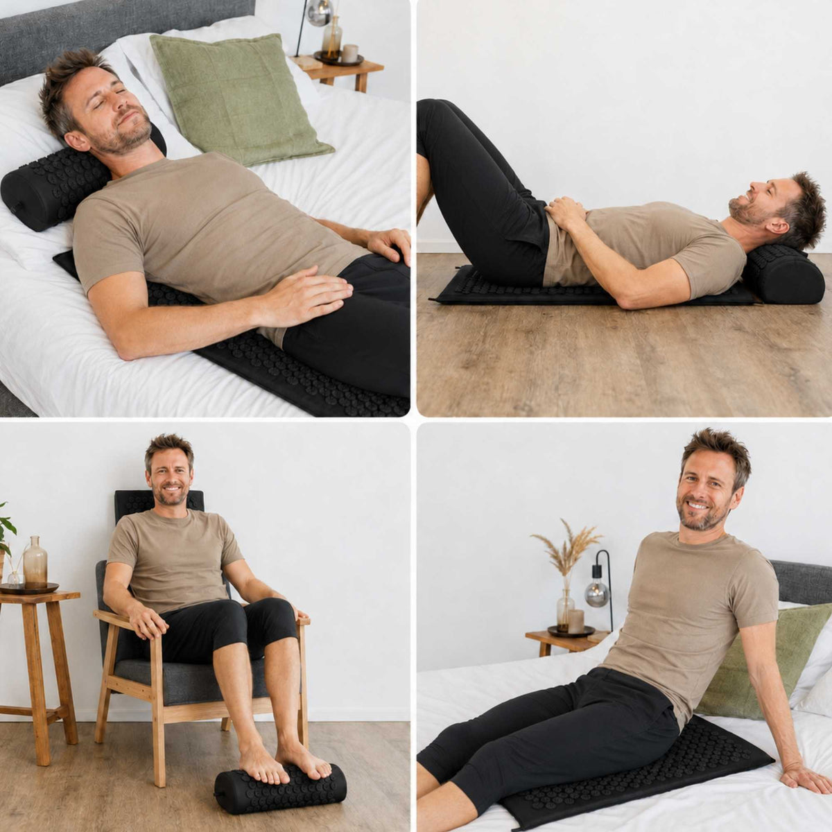 Différentes positions d’utilisation d’un tapis d’acupression sur le dos, la nuque et les pieds.