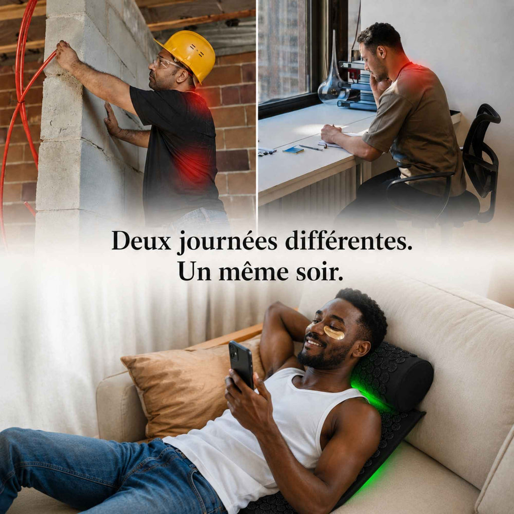 Illustration montrant différentes situations du quotidien et une personne utilisant un tapis d’acupression à la maison.